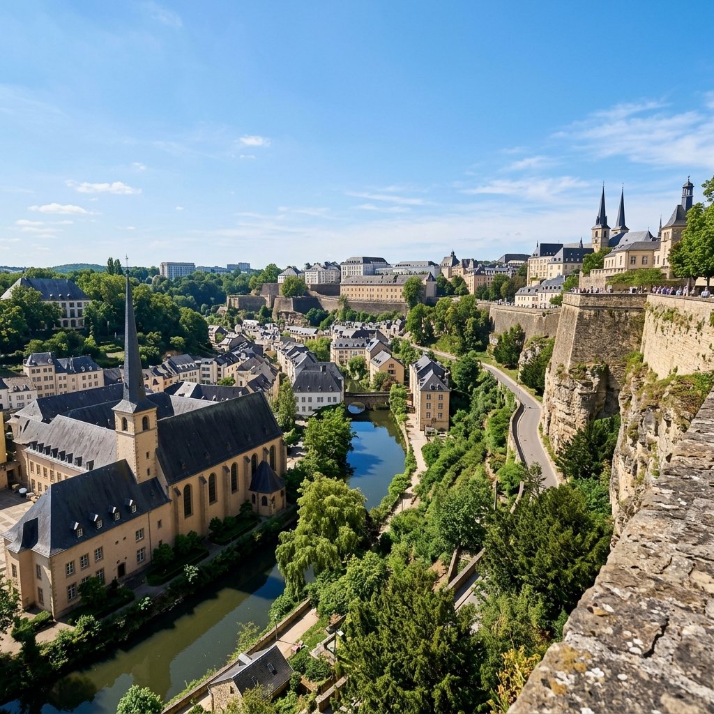 Veduta panoramica della valle del fiume Alzette e delle storiche fortificazioni del Grund a Lussemburgo Città