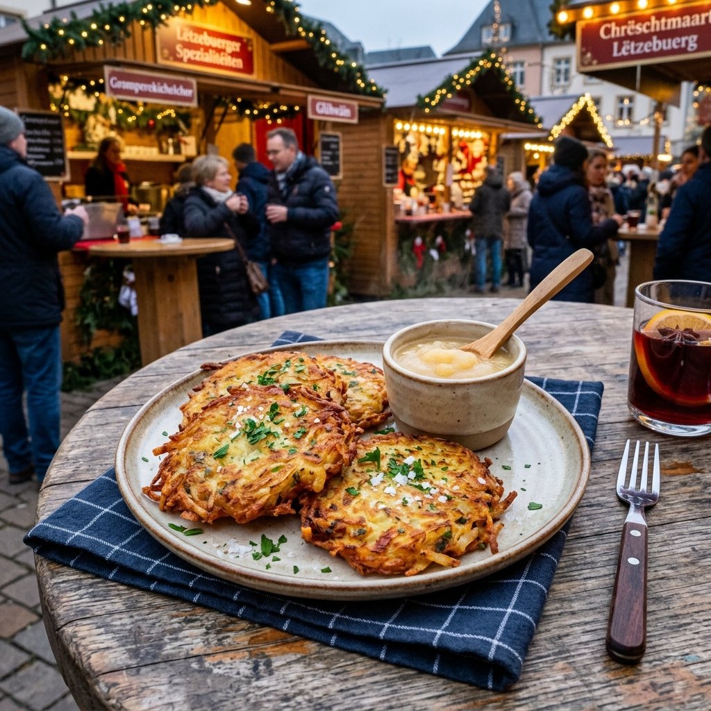 Un piatto di frittelle di patate Gromperekichelcher fritte e dorate servite con salsa di mele a un mercato locale