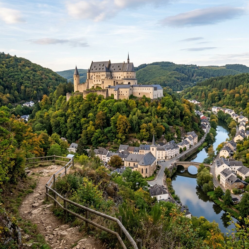 Veduta panoramica del castello medievale di Vianden arroccato su una collina rigogliosa in Lussemburgo