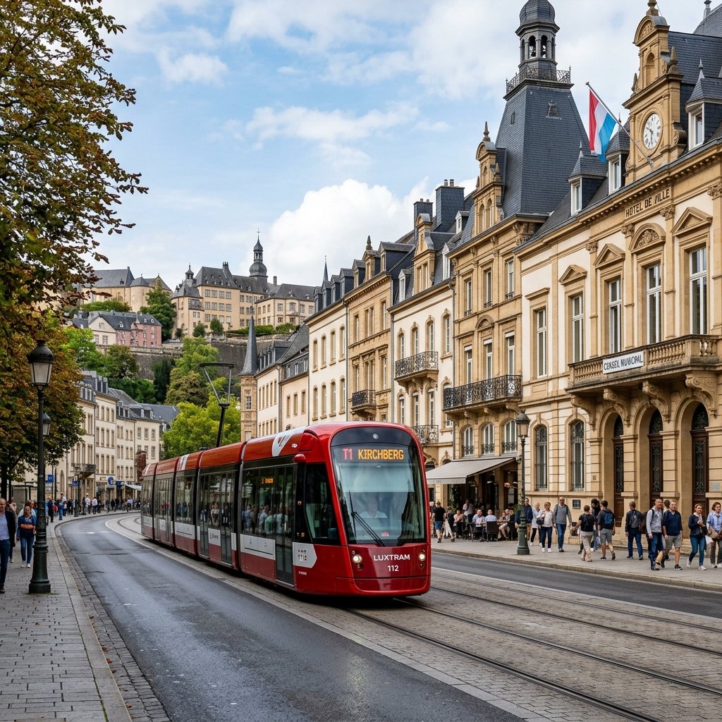 Elegante tram rosso moderno che scorre davanti a storici edifici tradizionali a Lussemburgo Città