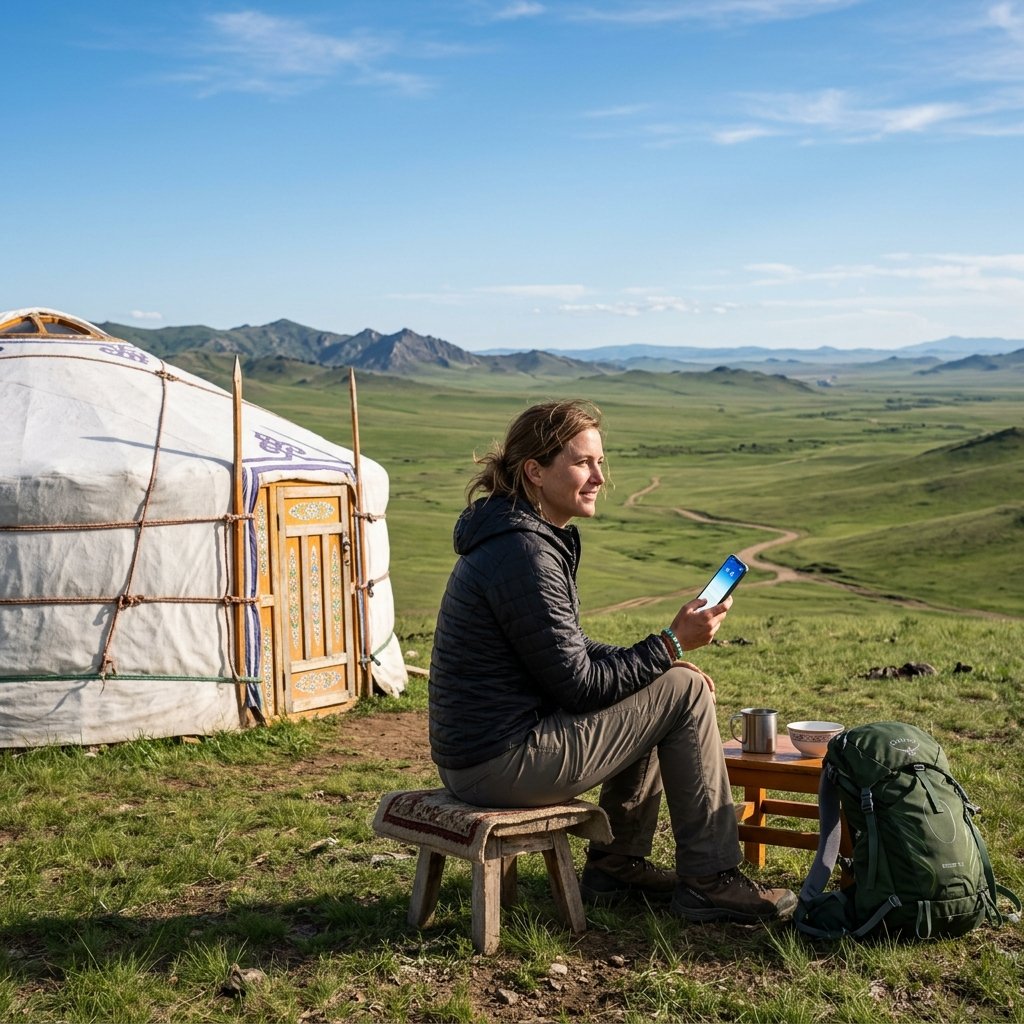 Un viaggiatore seduto fuori da una tenda gher nelle remote praterie mongole, con in mano uno smartphone che mostra una connessione di rete attiva