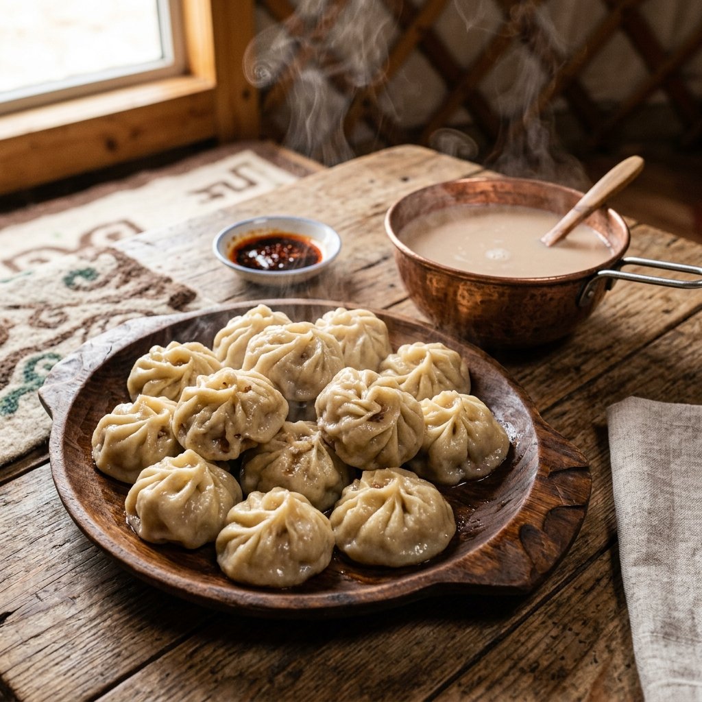 Un piatto di legno tradizionale ricolmo di ravioli Buuz mongoli di montone, fumanti e succosi, accanto a una tazza di tè al latte caldo