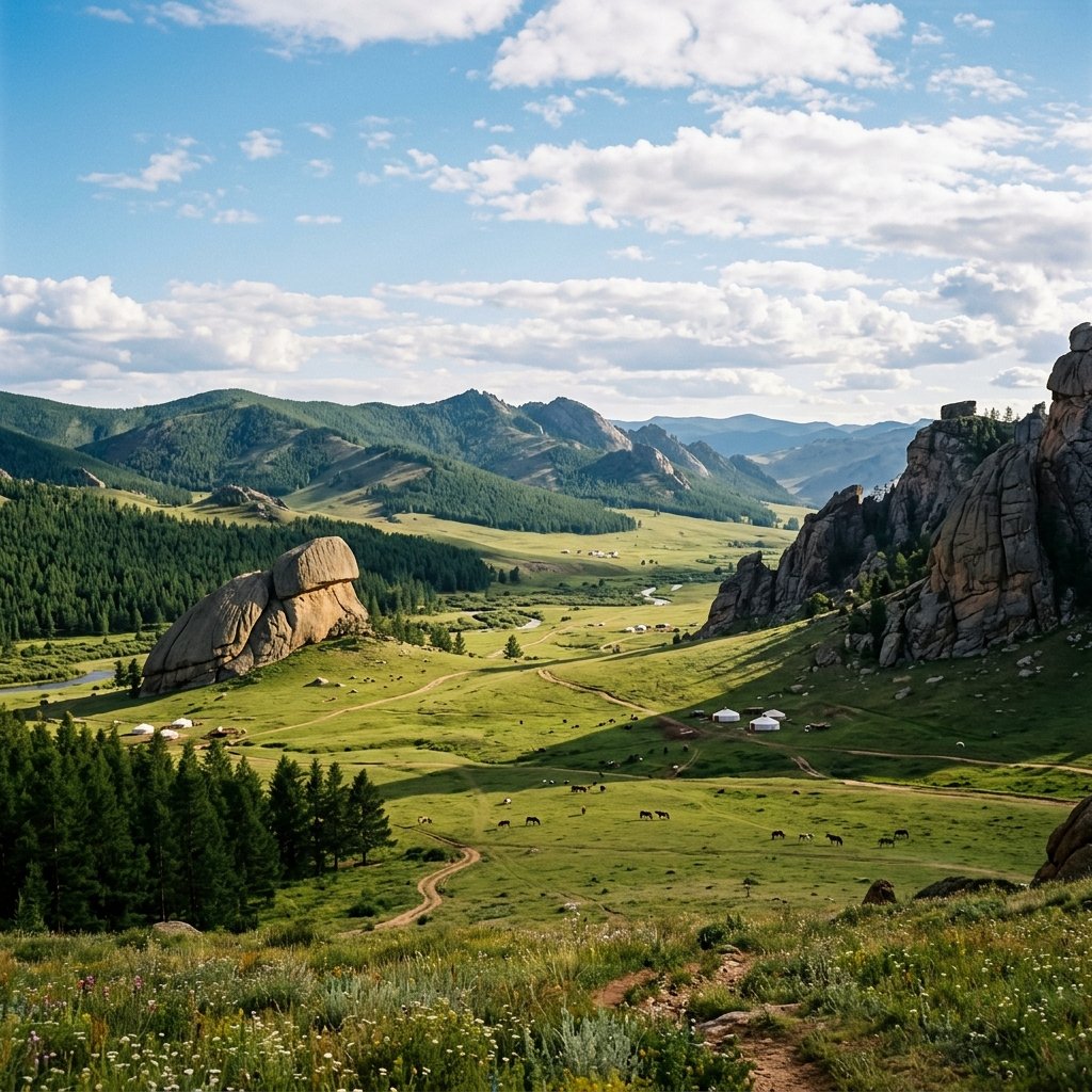 Le maestose scogliere e le vaste praterie del Parco Nazionale di Terelj in Mongolia, con foreste di pini e la Roccia della Tartaruga