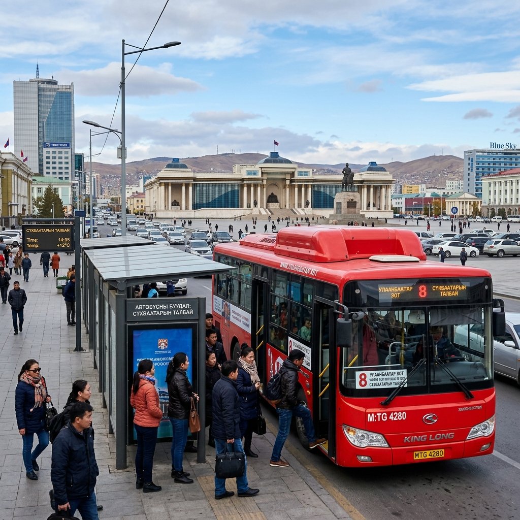 Un autobus urbano rosso di Ulaanbaatar che fa salire i passeggeri presso una moderna fermata dell'autobus vicino a Piazza Sukhbaatar