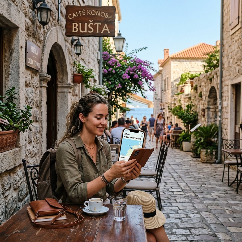 Ein Reisender sitzt vor einem Steincafé in der Altstadt von Budva und hält ein Smartphone mit aktiver Mobilfunkverbindung
