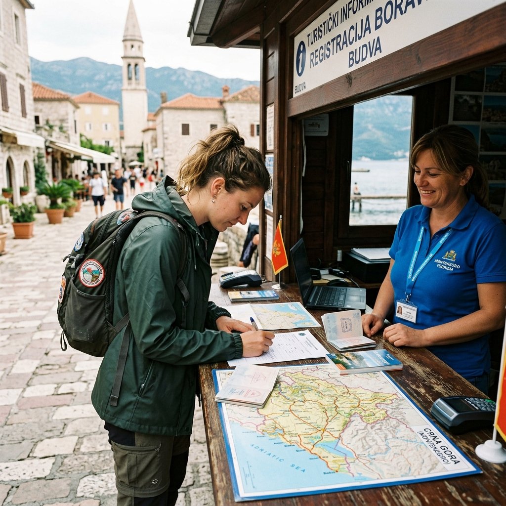 Ein Reisender registriert seinen Aufenthalt an einem lokalen Touristeninformationskiosk in Montenegro, auf dessen Tisch eine Montenegro-Karte liegt