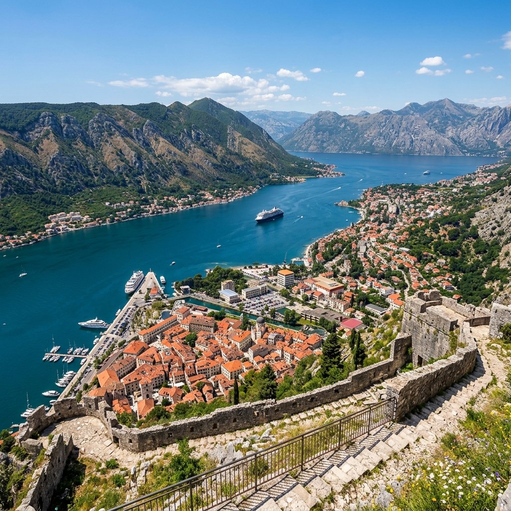 Der atemberaubende Panoramablick auf die Bucht von Kotor von der Burg San Giovanni aus, der die verwinkelte Bucht und die Dächer der Altstadt zeigt