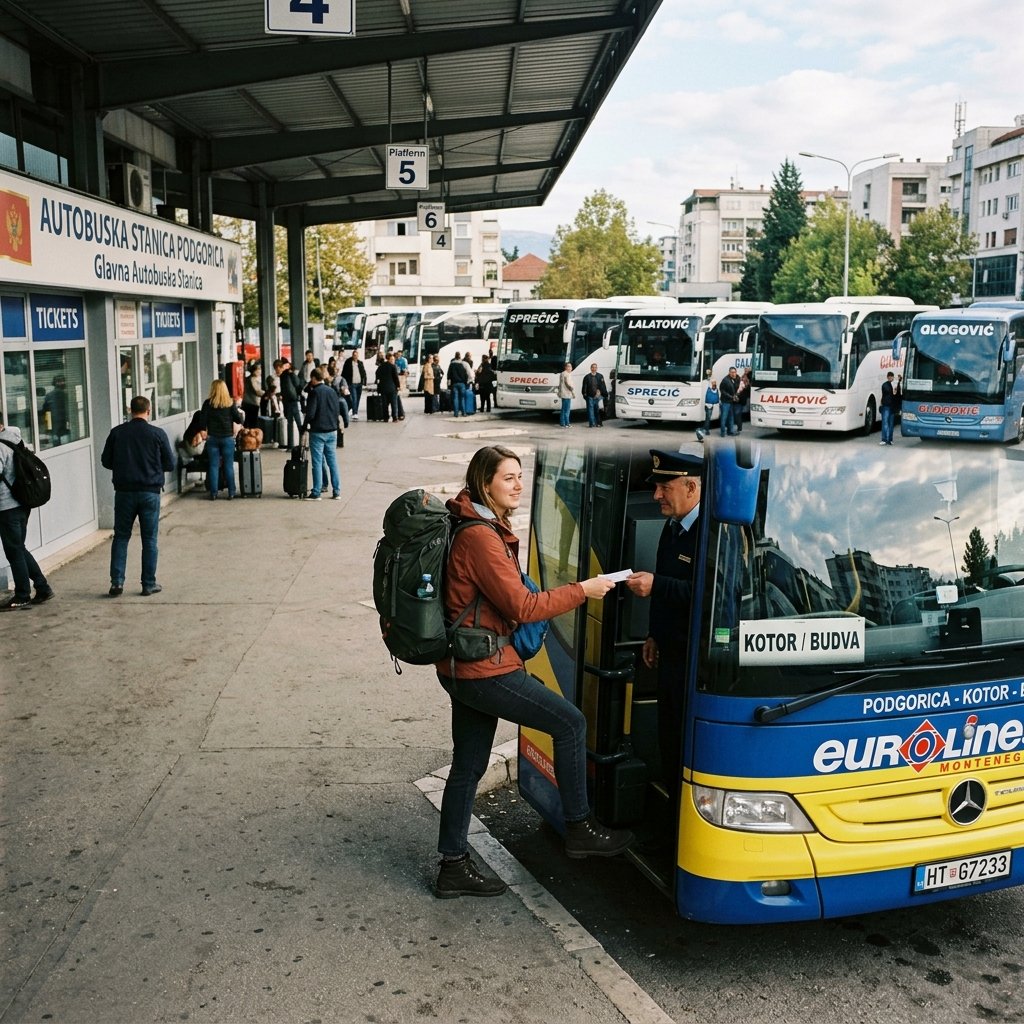 Ein Reisender steigt am Busbahnhof Podgorica in Montenegro in einen Überlandbus ein, während im Hintergrund andere Busse parken