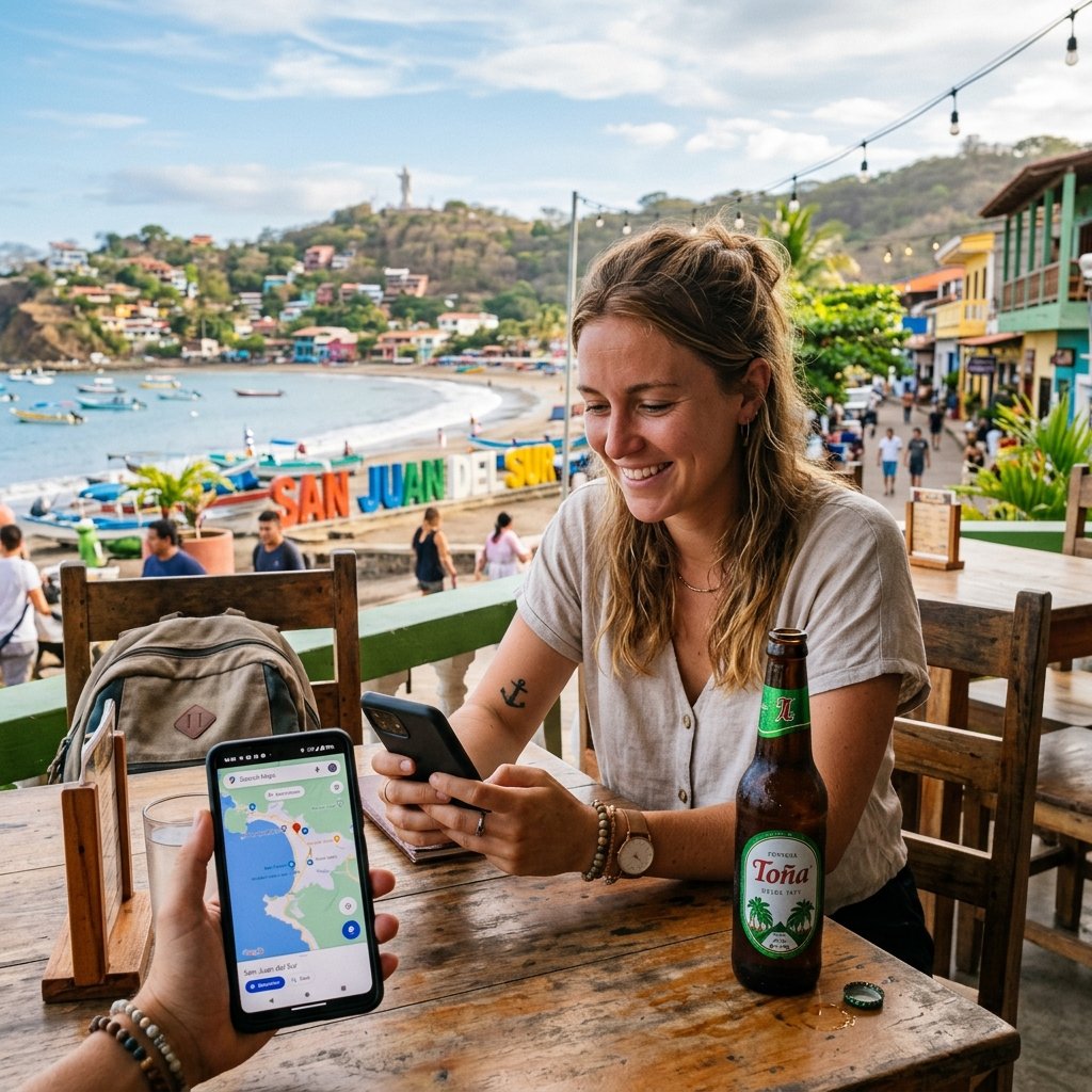 Un voyageur assis à la terrasse d'un café à San Juan del Sur, tenant un smartphone qui affiche une connexion réseau mobile active à côté d'une bière locale