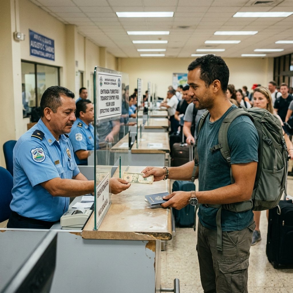 Un voyageur payant en espèces la taxe d'entrée obligatoire de 10 USD à un agent frontalier lors de son arrivée aux douanes de Managua