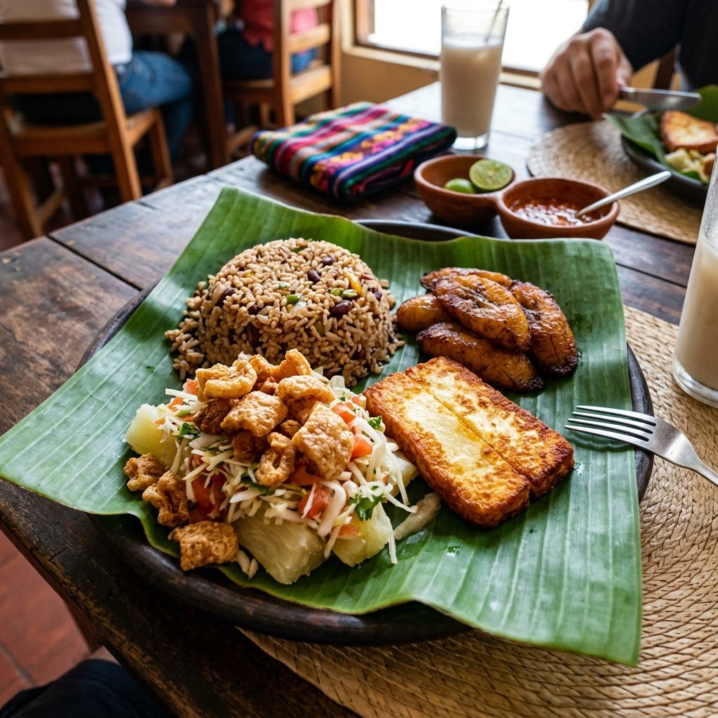 Une assiette traditionnelle nicaraguayenne contenant du Gallo Pinto, du fromage frit, des bananes plantains douces et du Vigorón servi sur une feuille de bananier