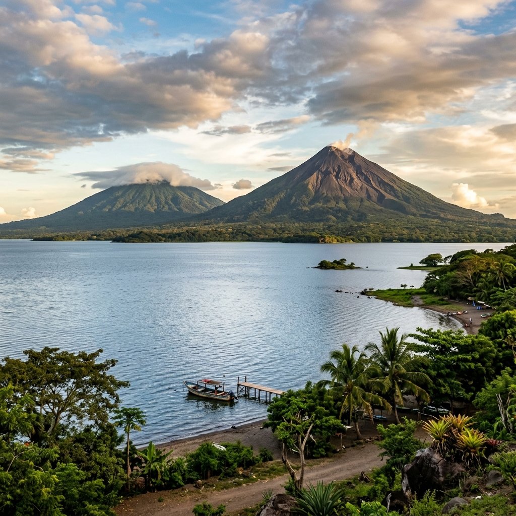 Vue imprenable sur les volcans jumeaux Concepción et Maderas s'élevant du lac Nicaragua depuis l'île d'Ometepe