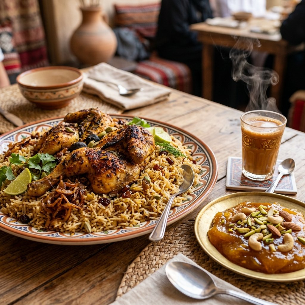 Prato de arroz Machboos de frango condimentado e doce Halwa omanense numa mesa de madeira em Mascate Omã