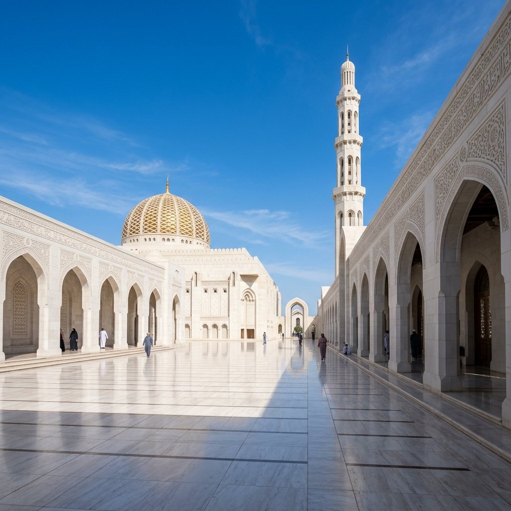 Os majestosos arcos de mármore branco da Grande Mesquita do Sultão Qaboos em Mascate Omã