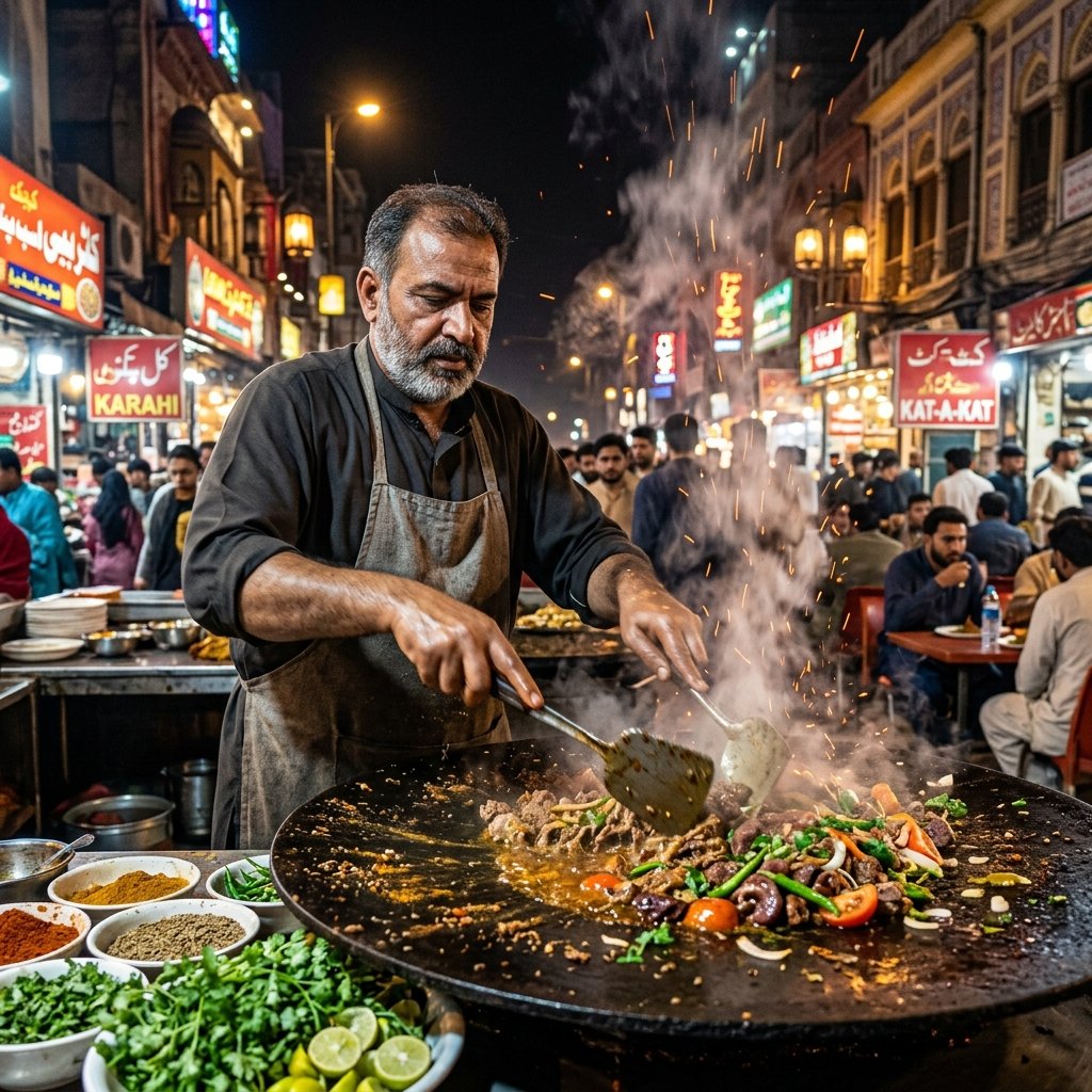 Chef preparing traditional Kat-a-Kat street food on hot griddle in Lahore Food Street Pakistan