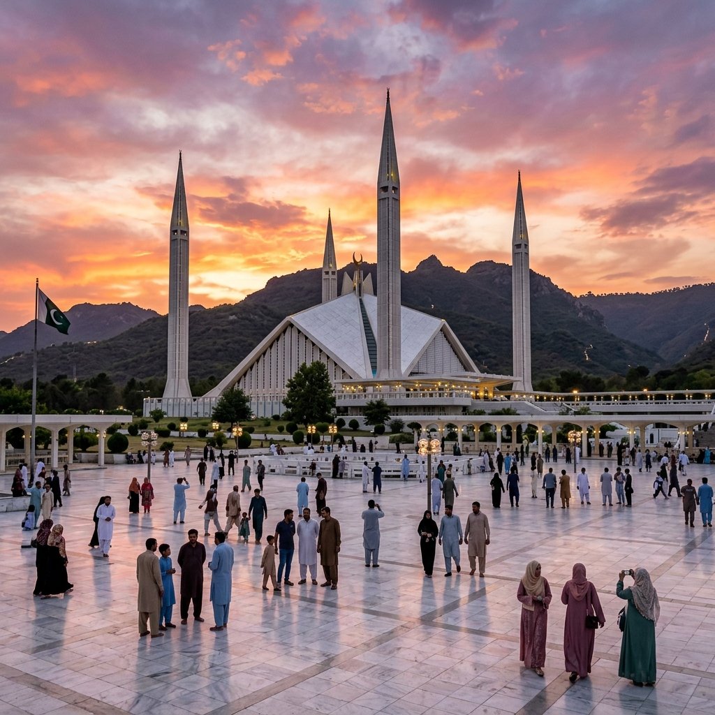 Beautiful Faisal Mosque in Islamabad Pakistan at sunset