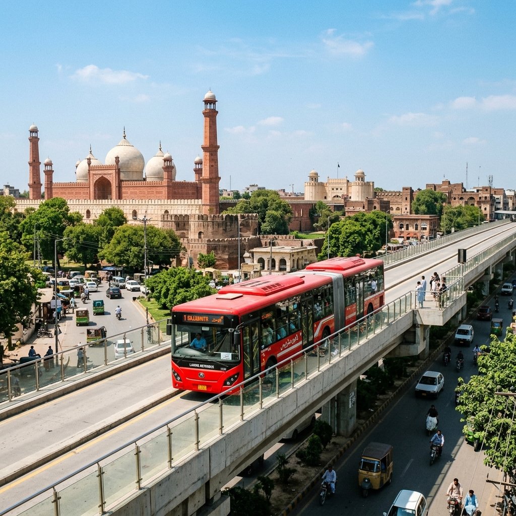 Vibrant red Lahore Metrobus running on dedicated busway in Pakistan