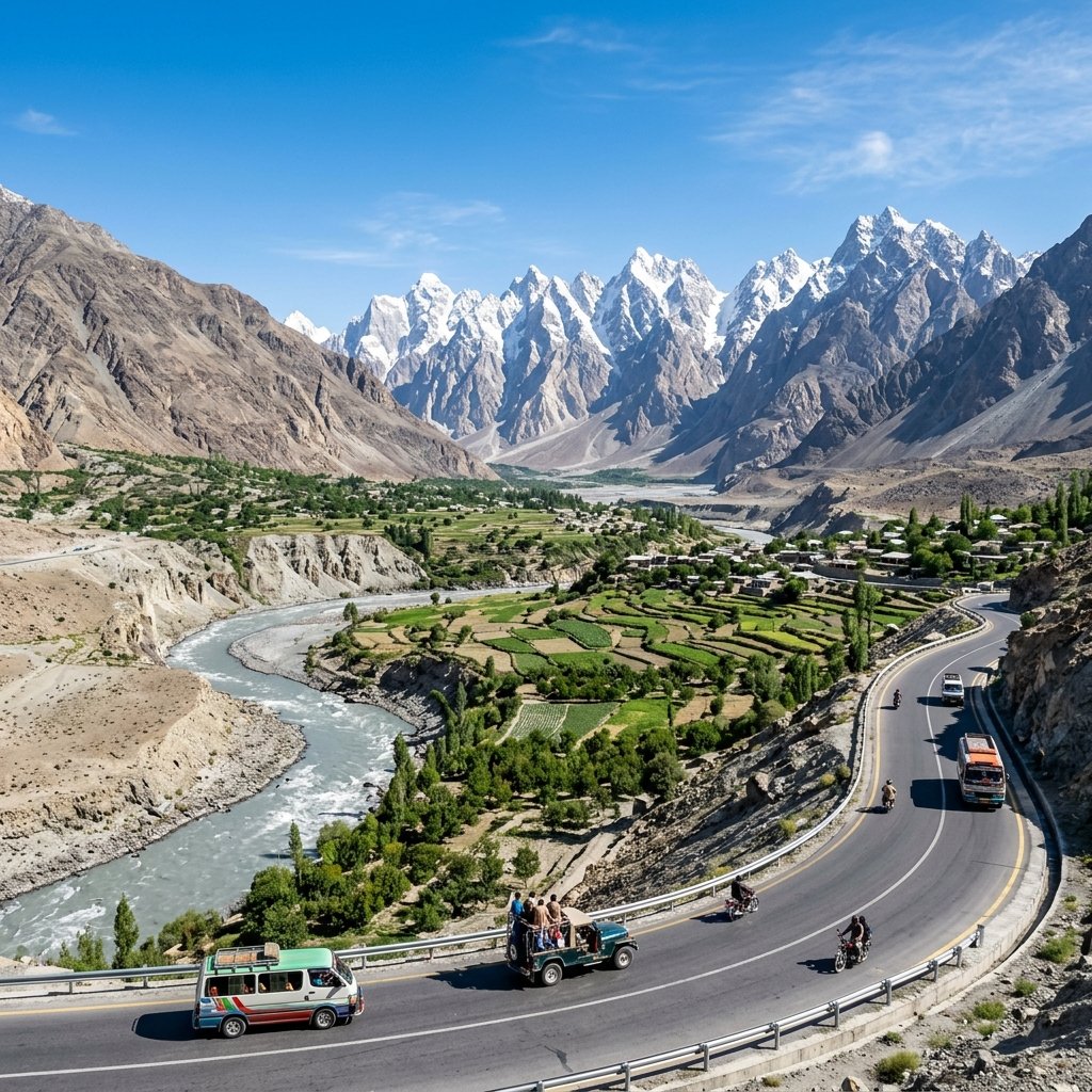 Karakoram Highway winding through Hunza Valley Pakistan with Passu Cones in background
