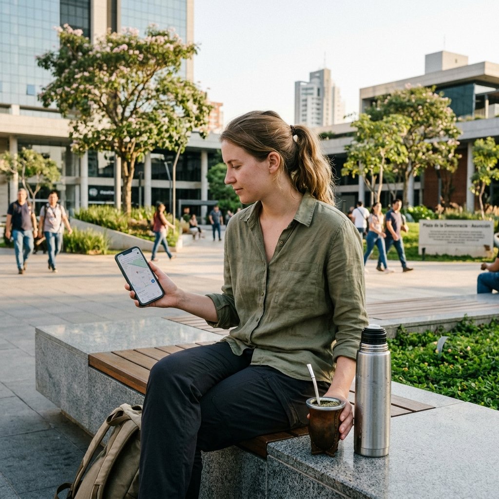 Ein Reisender sitzt auf einer modernen Plaza in Asunción und hält ein Smartphone mit aktiver Mobilfunkverbindung neben einer Thermoskanne mit Tereré