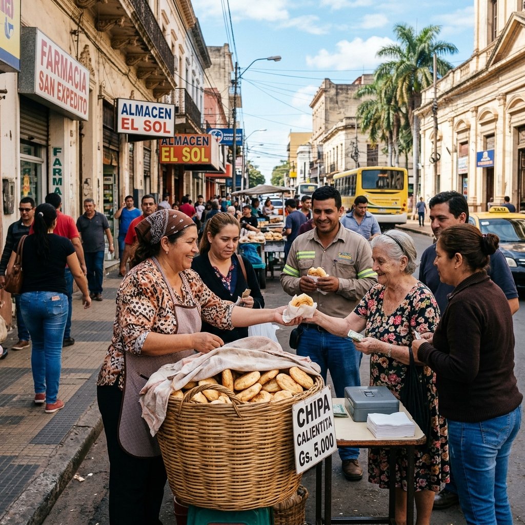 Eine Chipera-Straßenverkäuferin in Asunción, die frische Chipa-Brötchen aus einem Weidenkorb verkauft, während Einheimische einkaufen