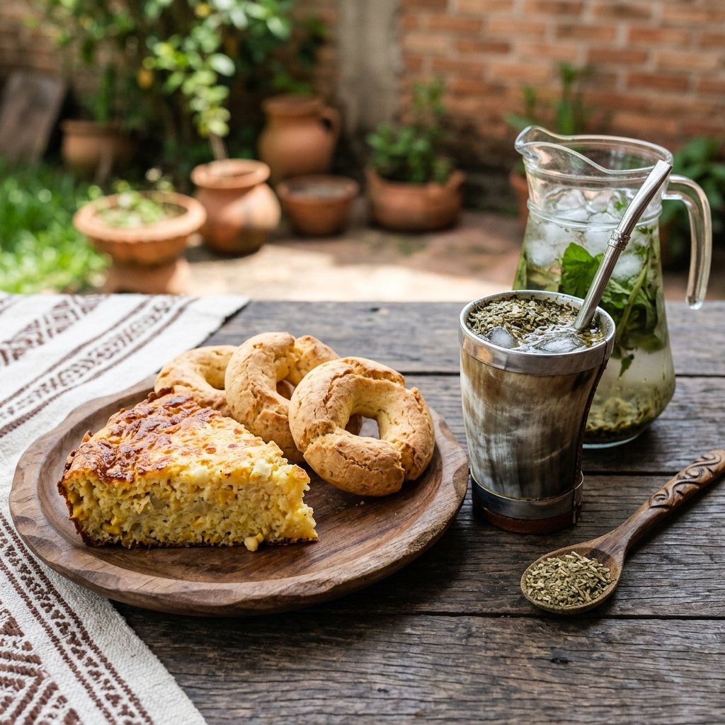 Ein traditioneller Holzteller mit einem Stück Sopa-Paraguaya-Maisbrot und frisch gebackenen Chipa-Brötchen neben einem Guampa-Becher mit kaltem Tereré