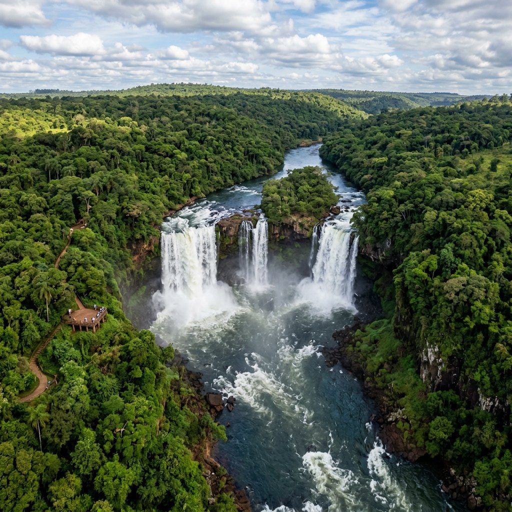 Der atemberaubende Panoramablick auf die Monday-Wasserfälle (Saltos del Monday) in Paraguay mit ihren gewaltigen Wassermassen inmitten des Regenwaldes