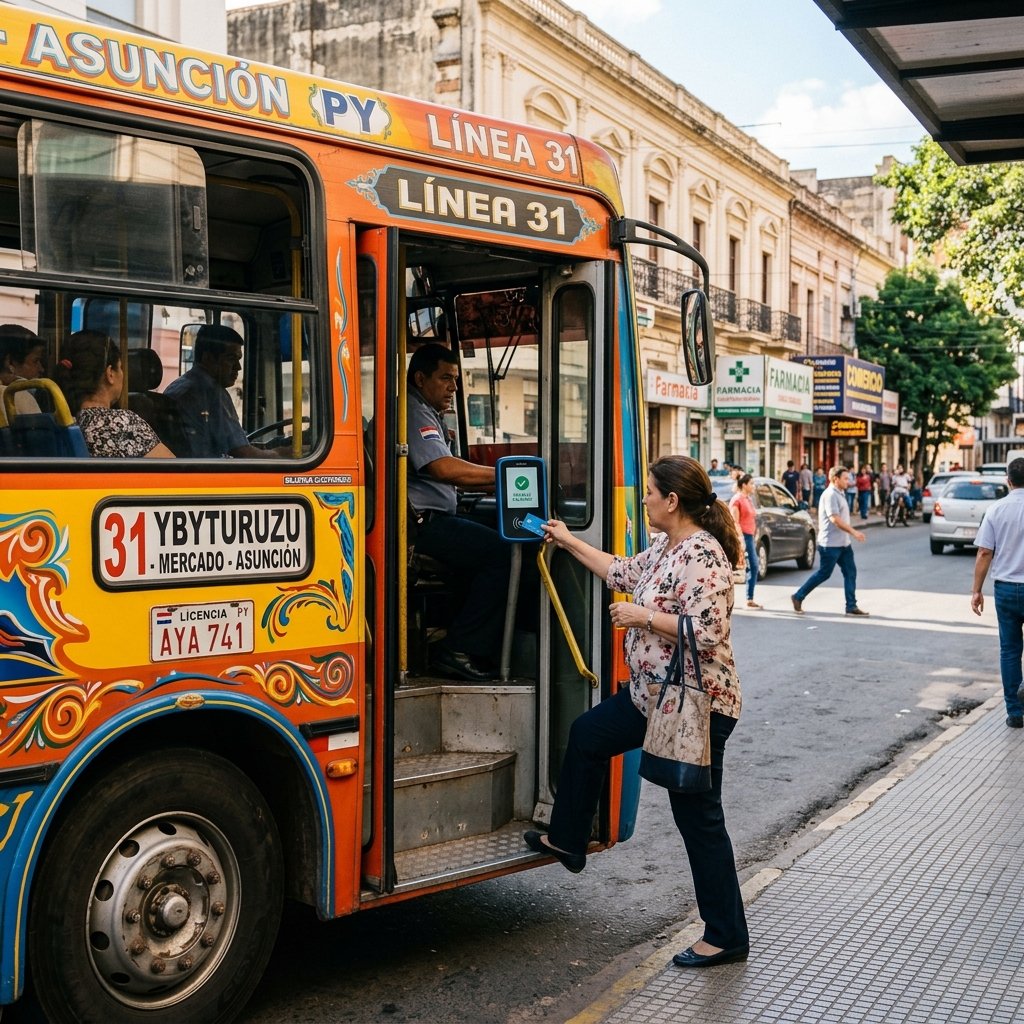 Ein bunter Colectivo-Stadtbus, der im Stadtzentrum von Asunción parkt, während ein Fahrgast einsteigt und seine Fahrkarte scannt