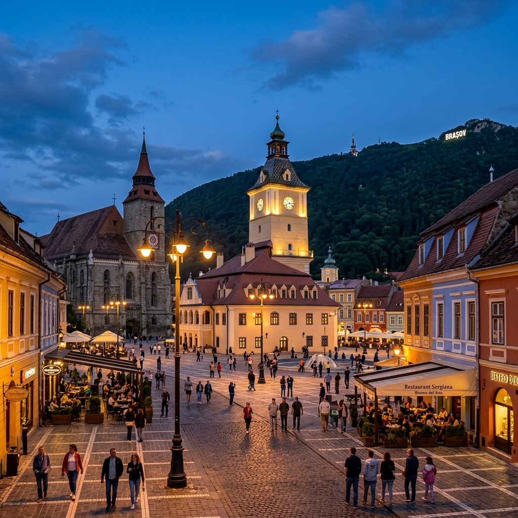 Piazza del Consiglio storica a Brasov al crepuscolo
