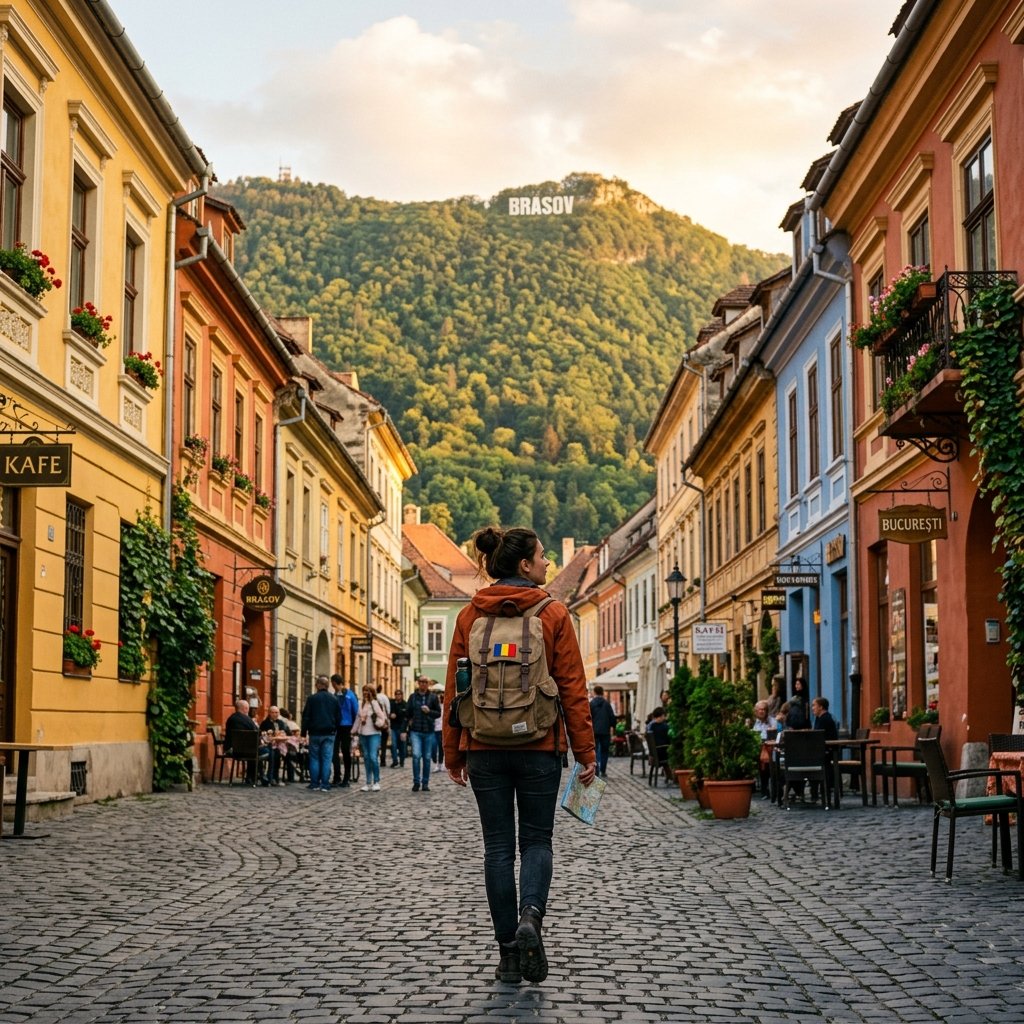 Turista che cammina in una colorata strada storica a Brasov