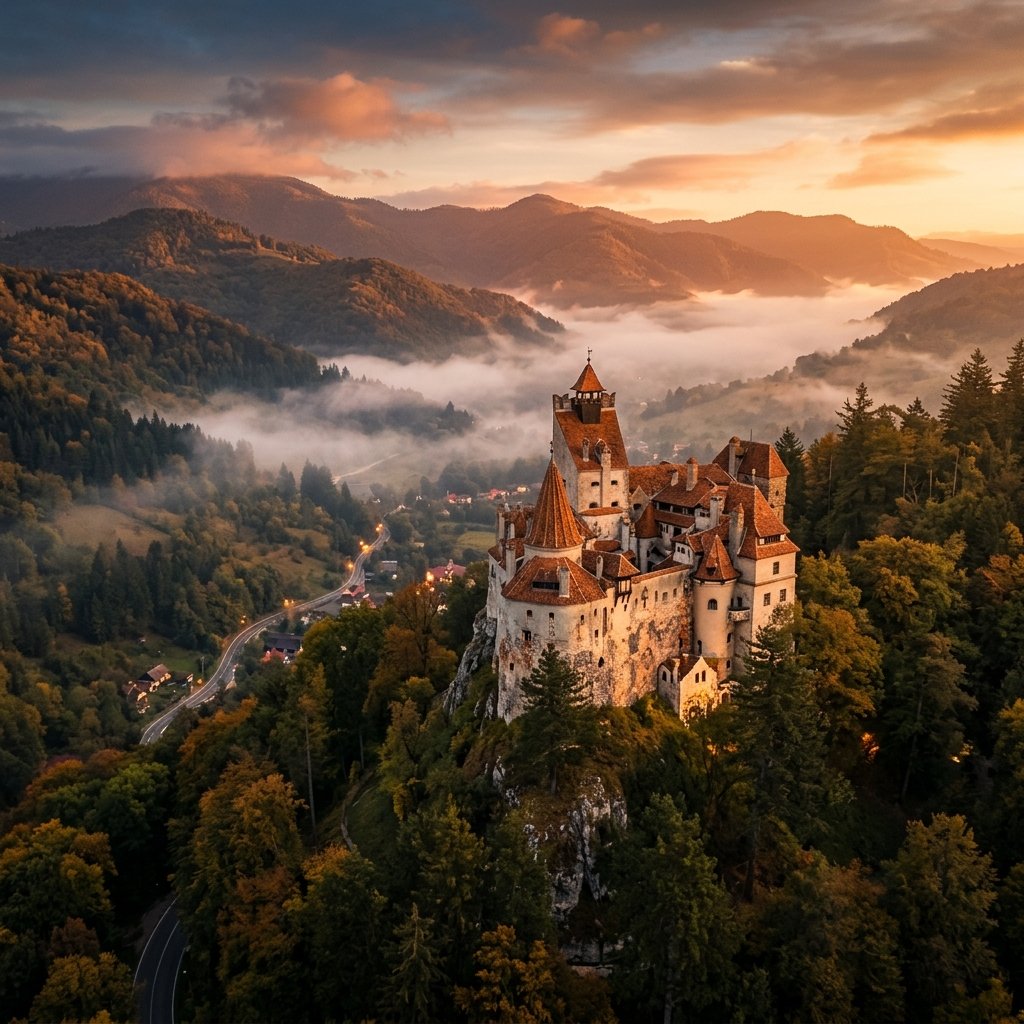 Il castello di Bran di Dracula nei Carpazi nebbiosi