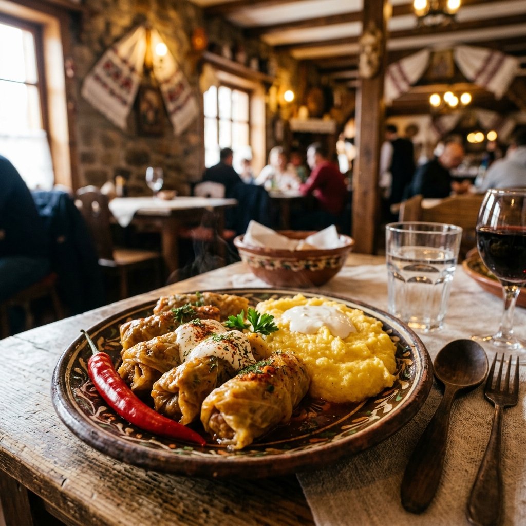 Involtini di cavolo sarmale tradizionali della Romania con polenta mamaliga