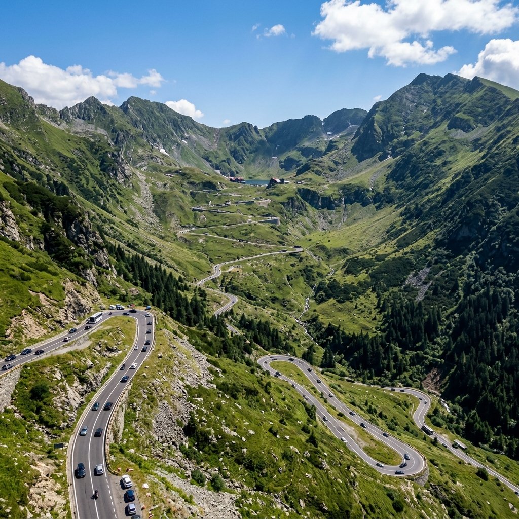 Strada Transfagarasan tortuosa attraverso le ripide montagne Fagaras