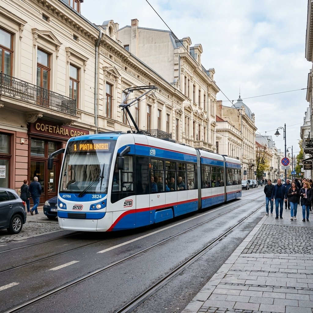 Tram blu moderno Astra Imperio in via storica di Bucarest