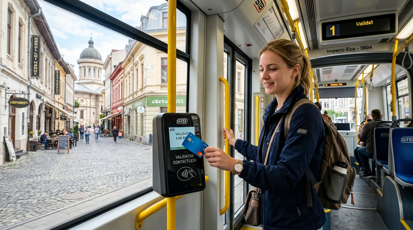 Modern red Bucharest city tram showing contactless card validator