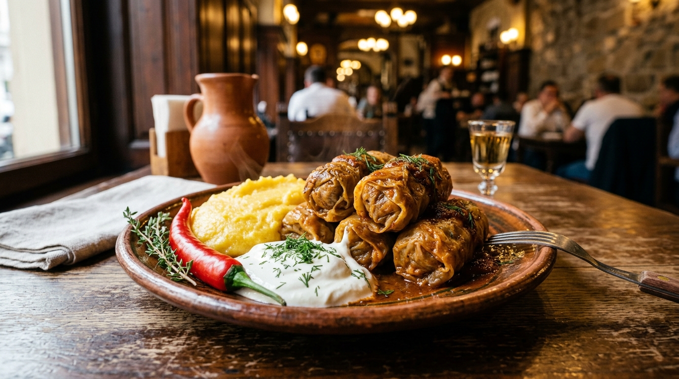 Traditional Romanian Sarmale cabbage rolls with polenta mamaliga in a rustic dish