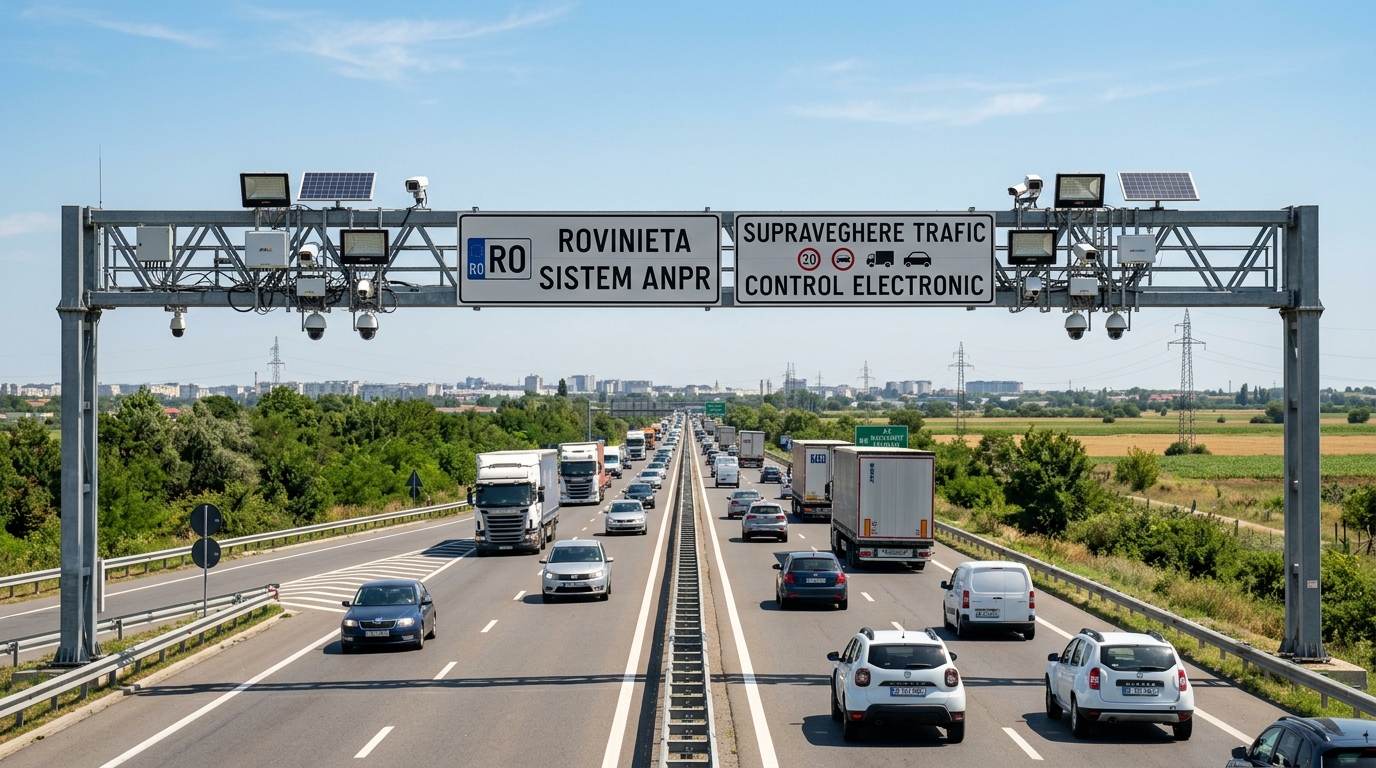 Automated ANPR camera gantry on Romanian motorway for Rovinieta enforcement