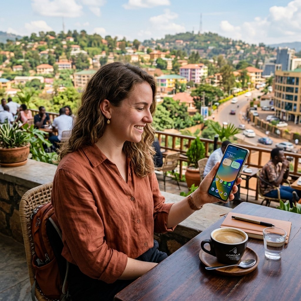 Ein Reisender sitzt auf einer Außenterrasse eines Cafés in Kigali und hält ein Smartphone mit aktiver Mobilfunkverbindung neben einer Tasse Kaffee