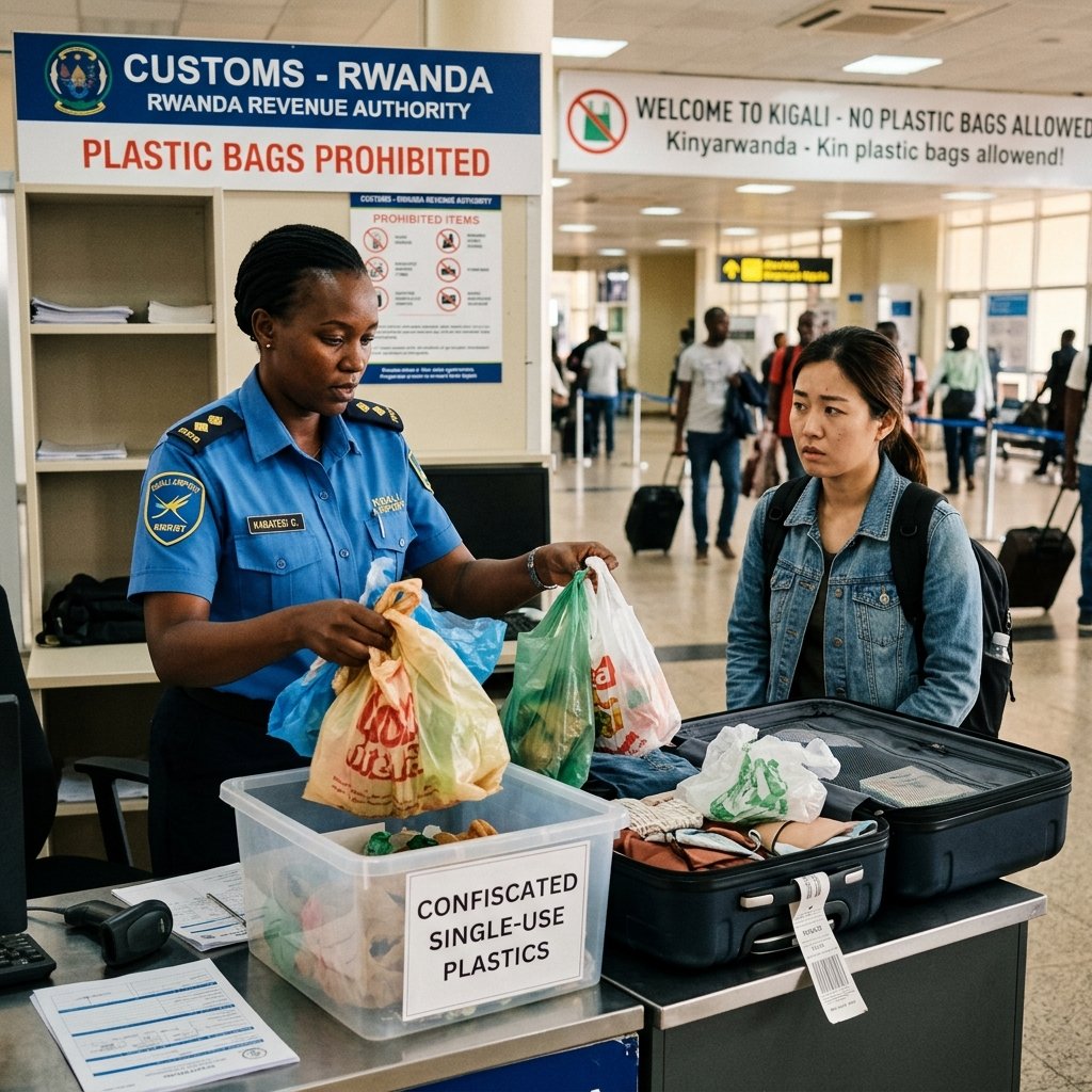 Ein Zollbeamter am Flughafen Kigali kontrolliert das Gepäck eines Reisenden und beschlagnahmt Plastiktüten