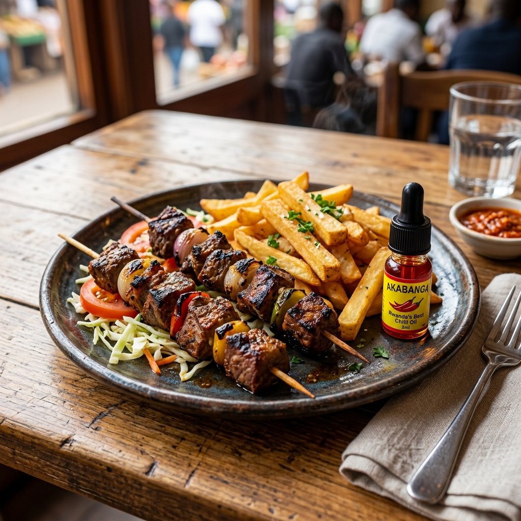 Ein traditioneller Teller mit gegrillten Ziegen-Brochettes, Pommes frites und einer Flasche Akabanga-Chiliöl
