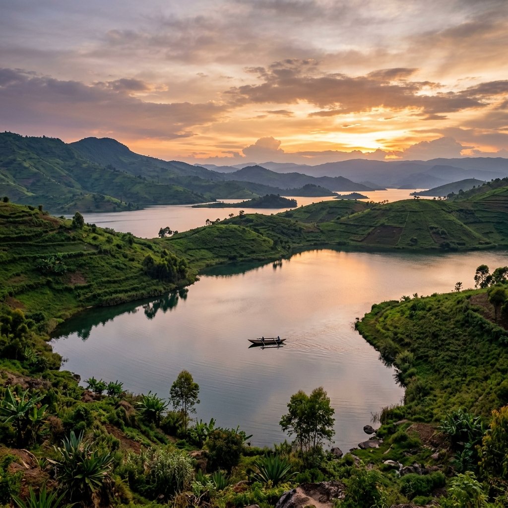 Atemberaubende Panoramaaussicht auf den Kiwusee in Ruanda mit grünen Hügeln und einem ruhigen Boot bei Sonnenuntergang