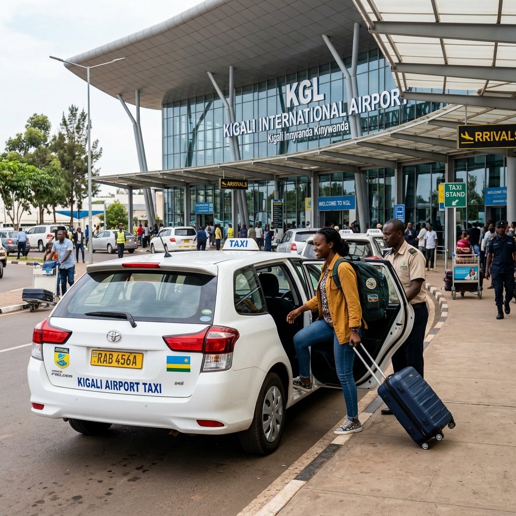 Ein Reisender steigt in ein weißes offizielles Flughafentaxi vor dem Kigali International Airport KGL