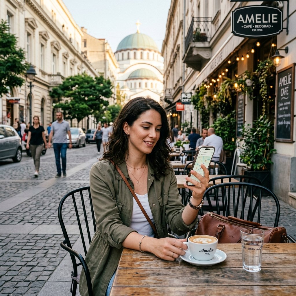A traveler sitting at a trendy sidewalk cafe in Belgrade, holding a smartphone showing active network connection