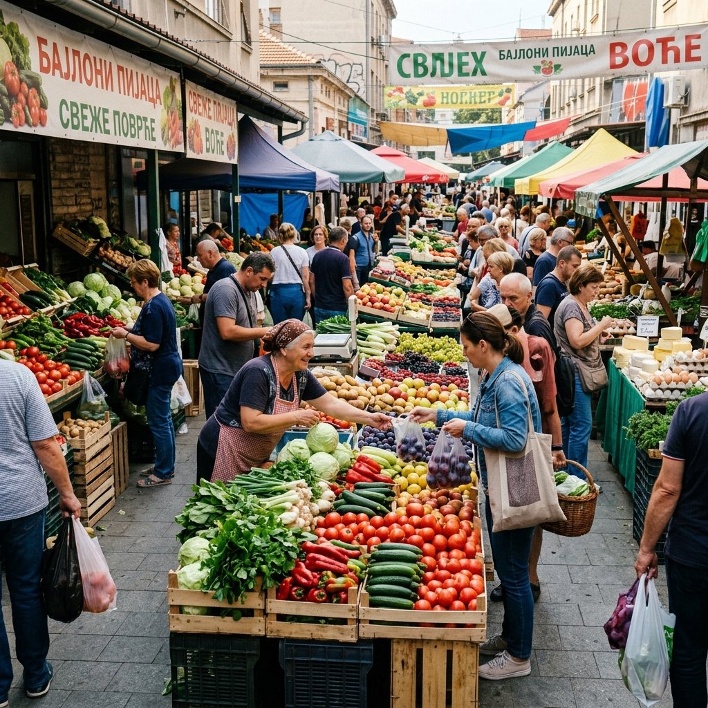 A busy open-air green market pijaca in Belgrade showing fresh fruits and vegetables with locals buying food