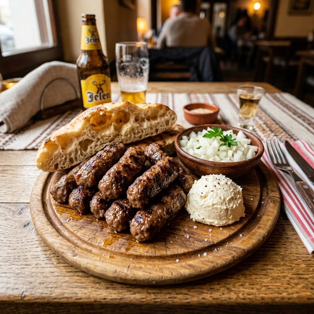 A traditional plate of grilled Ćevapi served with flatbread somun, raw onions, and a scoop of Kajmak cream