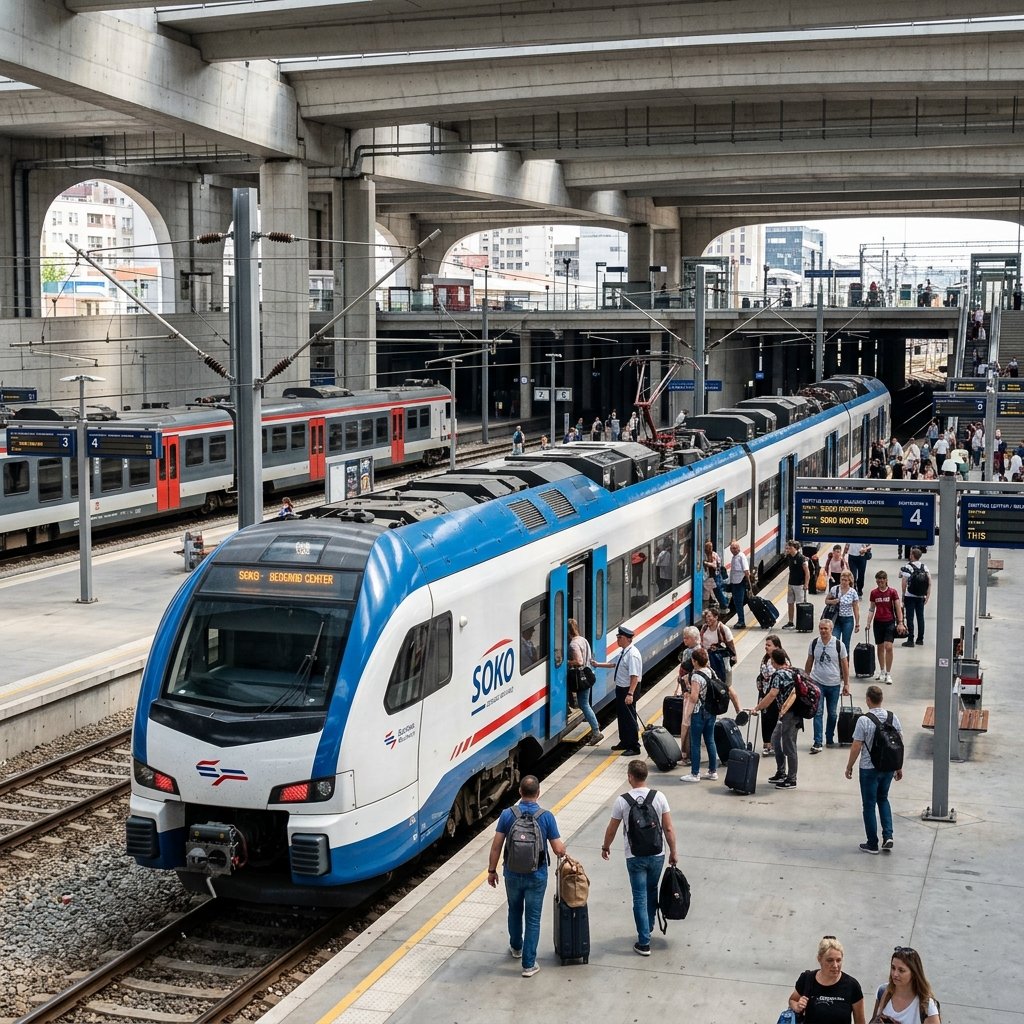 A modern Soko high-speed train parked at the Belgrade Center railway station Prokop with passengers boarding