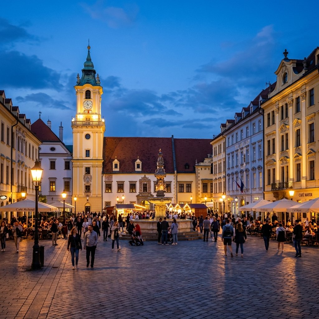 Piazza principale Hlavne Namestie nella vecchia citta di Bratislava al crepuscolo