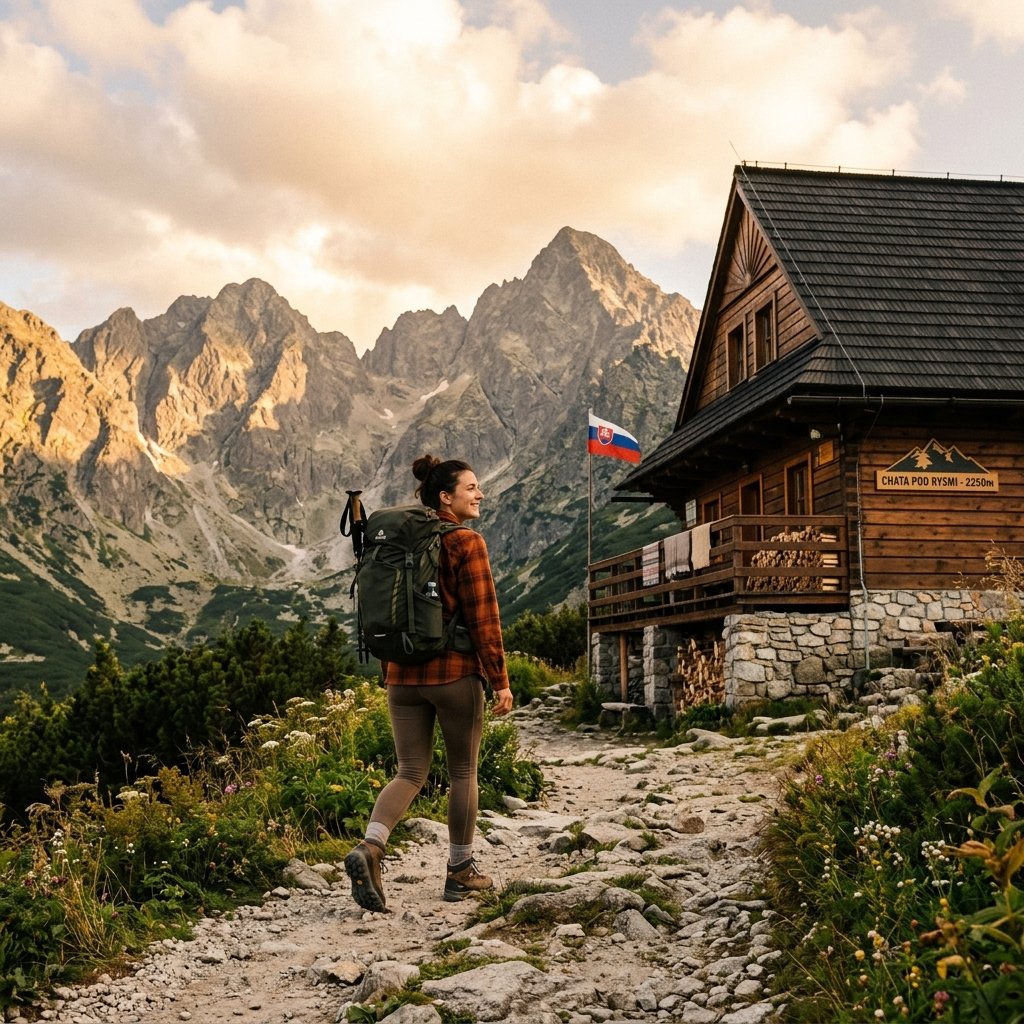 Escursionista che cammina vicino a un chata tradizionale nei Tatra
