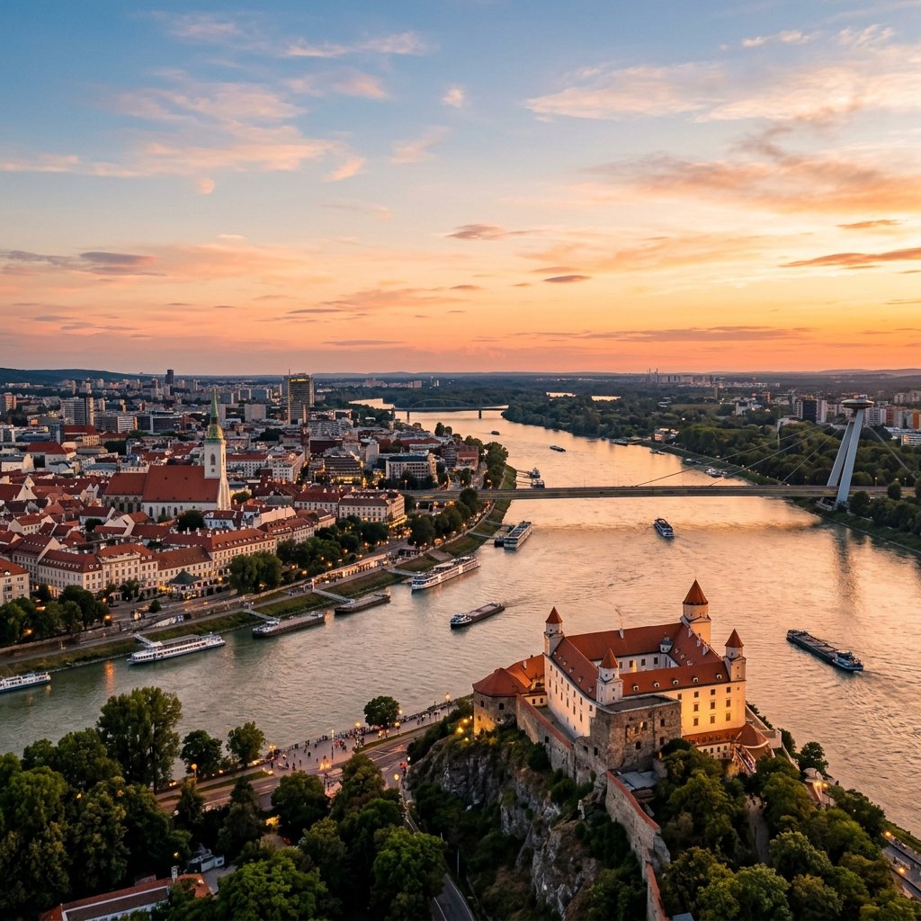 Castello di Bratislava con vista sul Danubio sotto la calda luce del tramonto