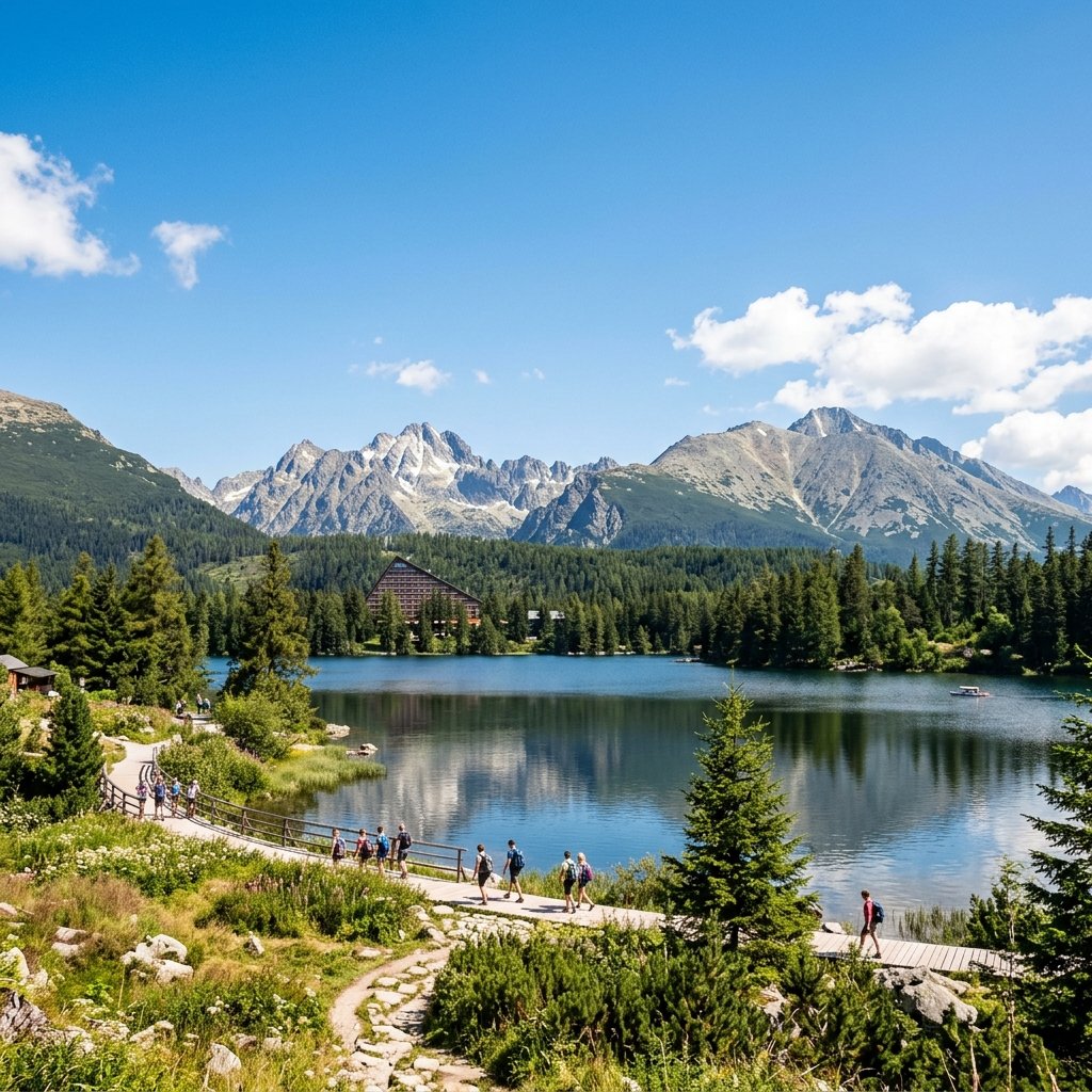 Panorama delle Alte Tatra con il lago alpino Strbske Pleso
