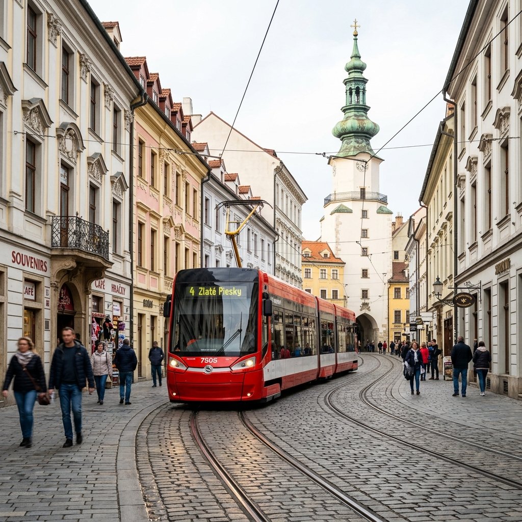 Tram rosso moderno Skoda 30T vicino alla porta di Michele a Bratislava